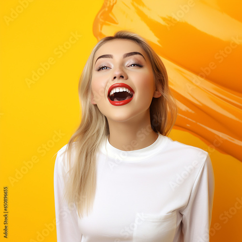 A stylish lady with vibrant multitude of yellow color fashion accessories, takes center stage in a close-up portrait against a lively background. Generative AI.