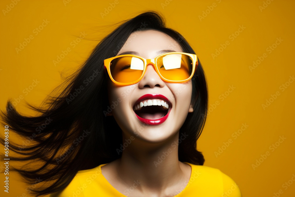 A stylish lady with vibrant multitude of yellow color fashion accessories, takes center stage in a close-up portrait against a lively background. Generative AI. A stylish lady with vibrant multitude of yellow color fashion accessories, takes center stage in a close-up portrait against a lively background. Generative AI.