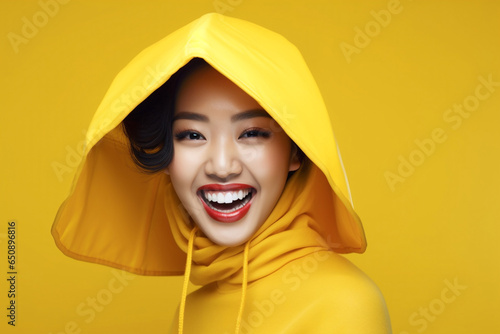 A stylish lady with vibrant multitude of yellow color fashion accessories, takes center stage in a close-up portrait against a lively background. Generative AI. © Surachetsh