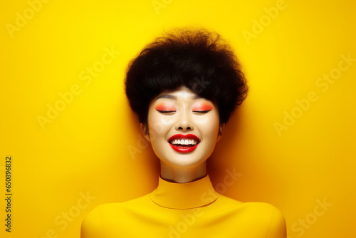A stylish lady with vibrant multitude of yellow color fashion accessories, takes center stage in a close-up portrait against a lively background. Generative AI.