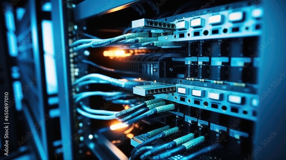 Internet cables and wires in server room with switch in company on the development of a quantum computer, Network background. Internet cables and wires in server room with switch in company on the development of a quantum computer, Network background.