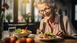 Senior woman eating healthy food at home.