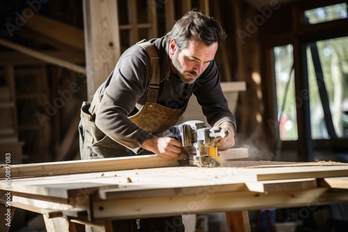 A carpenter at work with wood.