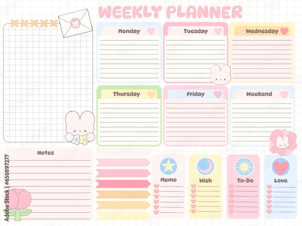 Weekly planner inspiration notepaper design printable . White pink pages for tags , weekly notes, to do list minimal style with flower tags cartoon character Weekly planner inspiration notepaper design printable . White pink pages for tags , weekly notes, to do list minimal style with flower tags cartoon character