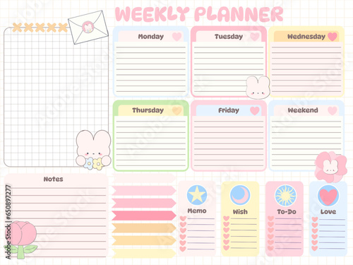 Weekly planner inspiration notepaper design printable . White pink pages for tags , weekly notes, to do list minimal style with flower tags cartoon character 