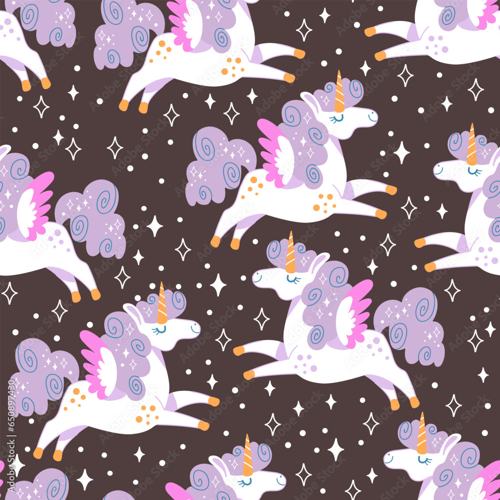 Seamless vector pattern unicorns purple main brown illustration Seamless vector pattern unicorns purple main brown illustration