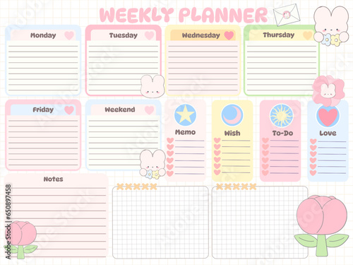 Weekly planner inspiration notepaper design printable . White pink pages for tags , weekly notes, to do list minimal style with flower tags cartoon character 