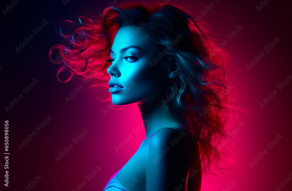 A stylish lady with vibrant multitude of neon red blue color fashion accessories, takes center stage in a close-up portrait against a lively background. Generative AI.