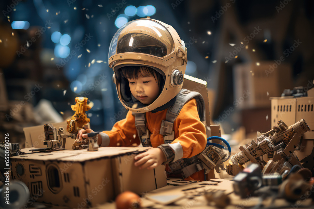 A child constructing a spaceship from cardboard boxes, fueled by imagination. Concept of imaginative creativity. Generative Ai.