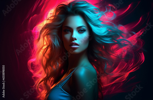 A stylish lady with vibrant multitude of neon red blue color fashion accessories, takes center stage in a close-up portrait against a lively background. Generative AI.