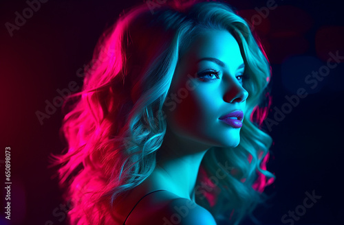 A stylish lady with vibrant multitude of neon red blue color fashion accessories, takes center stage in a close-up portrait against a lively background. Generative AI.