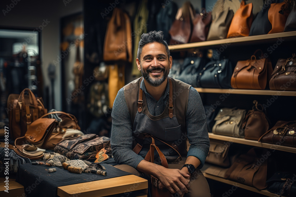 A small business owner proudly displaying handmade products in a boutique store. Concept of entrepreneurship. Generative Ai.