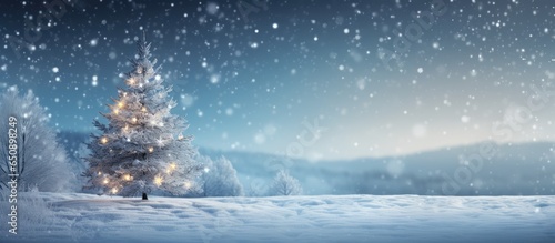 Foto Abstract winter background featuring a blurred Christmas tree in a snowy landsca
