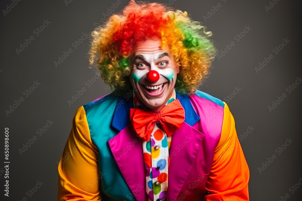 Funny laughing clown dressed in colorful clothes. Entertainment for children and adults, circus clown Funny laughing clown dressed in colorful clothes. Entertainment for children and adults, circus clown