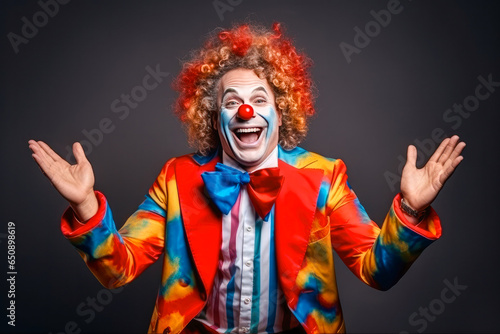 Funny laughing clown dressed in colorful clothes. Entertainment for children and adults, circus clown