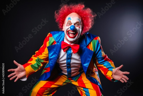 Funny laughing clown dressed in colorful clothes. Entertainment for children and adults, circus clown