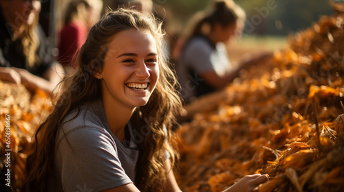 A teenage girl enjoying a fall gathering on the farm with friends - generative AI.