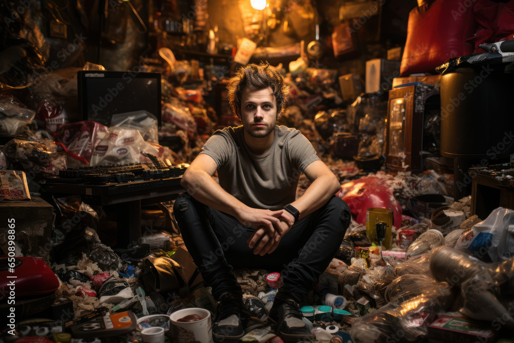 A young adult surrounded by discarded gaming consoles and junk food wrappers, illustrating video game addiction. Generative Ai.