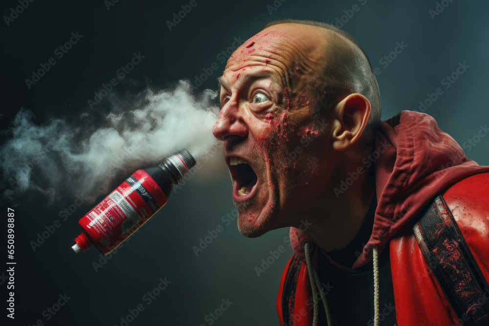 A disoriented individual with a can of aerosol spray, emphasizing the dangers of inhalant addiction. Generative Ai. - obrazy, fototapety, plakaty 