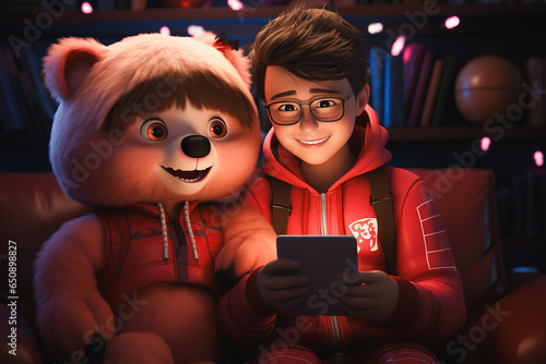 Generative AI illustration of happy boy in red sweater using tablet near plush teddy bear against blurred background