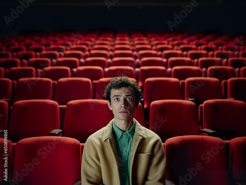 Generative AI illustration of young man sitting in a movie theater watching a movie