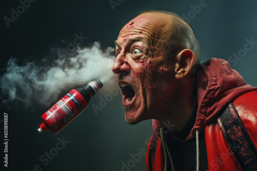 A disoriented individual with a can of aerosol spray, emphasizing the dangers of inhalant addiction. Generative Ai.