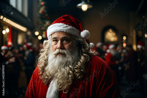 Curious looking Santa Claus with curly hair in a Christmas environment © Melipo-Art
