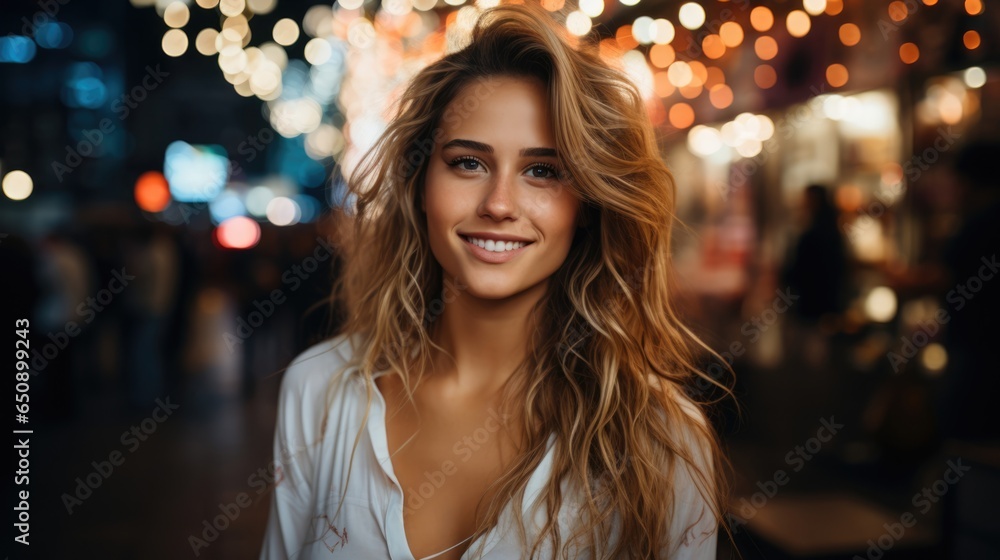Young woman portrait on shoulder standing on city street in evening. In background there are city lights.