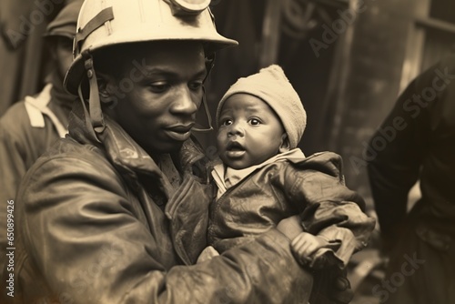 young African American firefighter rescuing a baby
