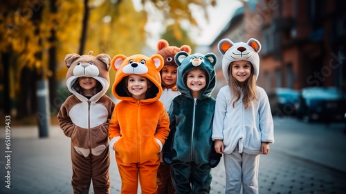 Smiling kids dressed in animal Halloween costumes walk on the street, having fun while trick-or-treating outdoors. The spirit of the festive holiday atmosphere. Childish fun and a joyful childhood photo