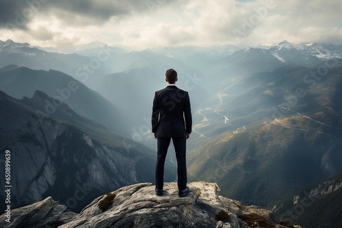 man wearing a suit and standing on the top of a mountain