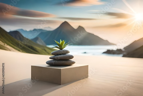 Mockup Minimalist Podium Display, Rock Stone Nature, Tropic Plant Blur Foreground, Abstract Background