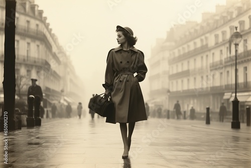 Fototapeta Naklejka Na Ścianę i Meble -  woman walking through Paris in 1950, vintage monochromatic