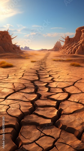 A solitary dirt road stretching through a vast desert landscape