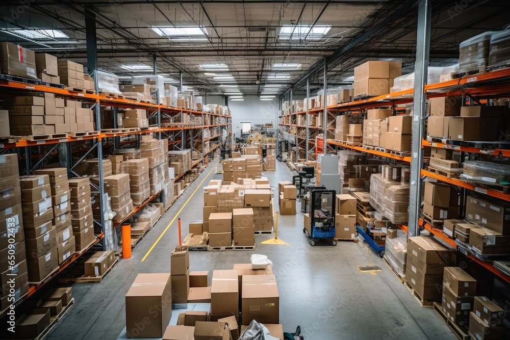 A large warehouse with many items and rows of shelves with many boxes. A large warehouse with many items and rows of shelves with many boxes.