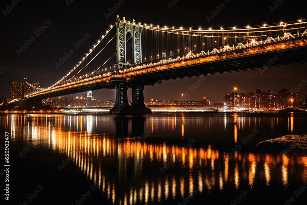 A low angle nightshot of a bridge with a skyline in the background.