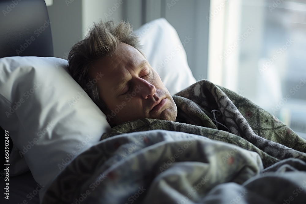 A man with a flu lying in bed suffering. A man with a flu lying in bed suffering.