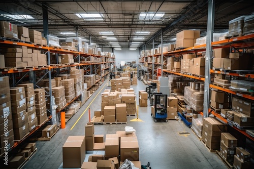 A large warehouse with many items and rows of shelves with many boxes. © Michael
