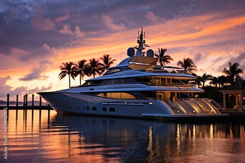 A luxury yacht in the harbor at dusk. photo