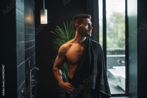 A man in a bathroom coming out of the shower wearing a towel. © Michael