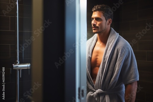 A man in a bathroom coming out of the shower wearing a towel.