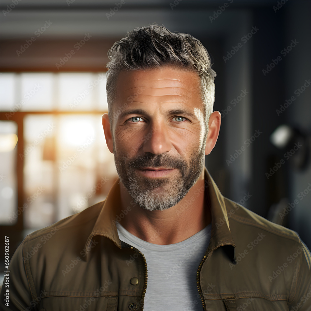 A portrait capturing the timeless charm and sophistication of a distinguished man in his 50s, exuding confidence and charisma. - obrazy, fototapety, plakaty 
