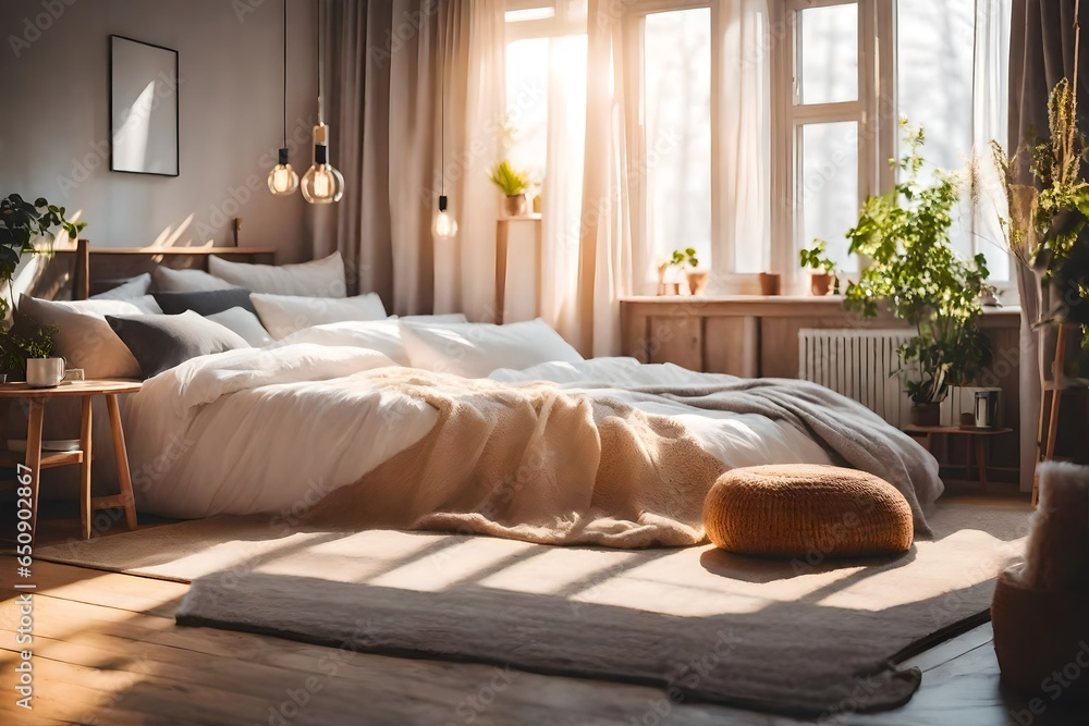 Modern luxury living bedroom, warm morning light.