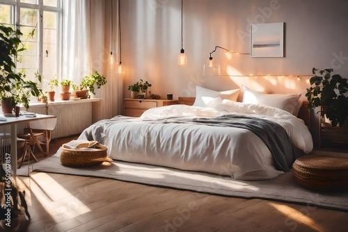 Modern luxury living bedroom, warm morning light. © Ahtesham