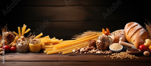 Top view of gluten free pasta bread snacks and flour on wood background