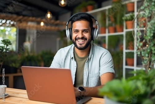 positive modern content creator indian man on a computer photo