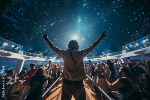 Passengers participating in a lively dance party on the deck of a cruise ship under a starry night sky