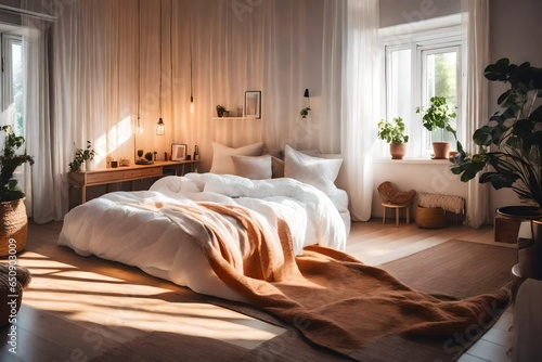 Modern luxury living bedroom, warm morning light.