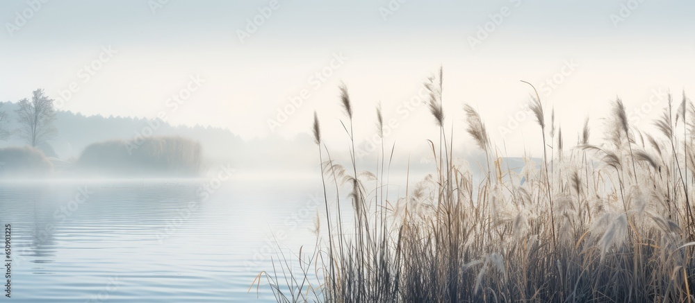 Beautiful serene nature scene with river reeds fog and water - obrazy, fototapety, plakaty 