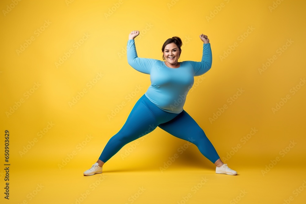 young happy full body plus size fat woman doing exercise